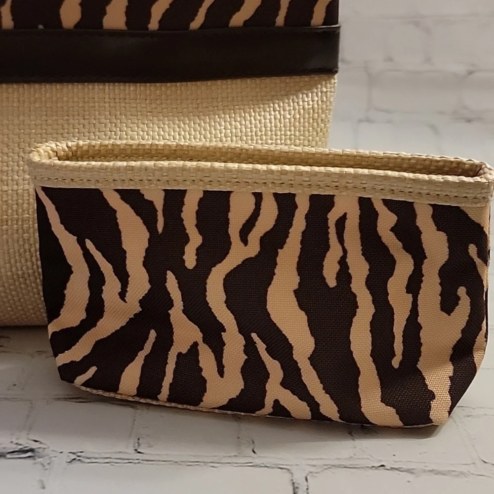 Estee Lauder Mini Tote with coin purse Tan Burlap and Brown and Tan Zebra Print - Picture 2 of 4